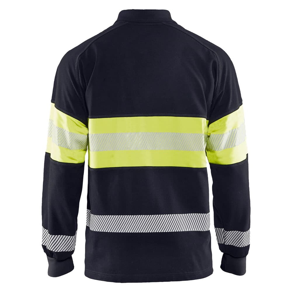 Blaklader multinorm piqué polo lange mouw marine high vis geel achterkant 343817268933