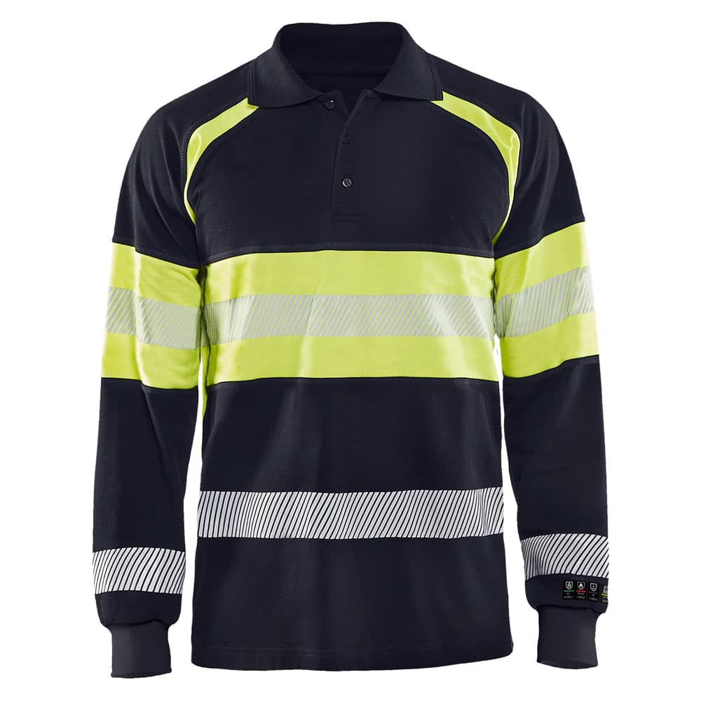 Blaklader multinorm piqué polo lange mouw marine high vis geel voorkant 343817268933