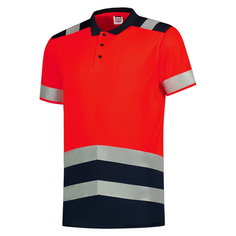 Tricorp Poloshirt High vis Bicolor fluor rood inktblauw voorkant 203007
